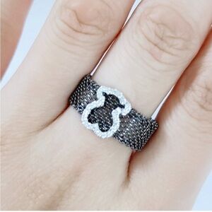 TOUS Black IP Steel and White Gold TOUS Icon Mesh Ring with zyrconias size 9